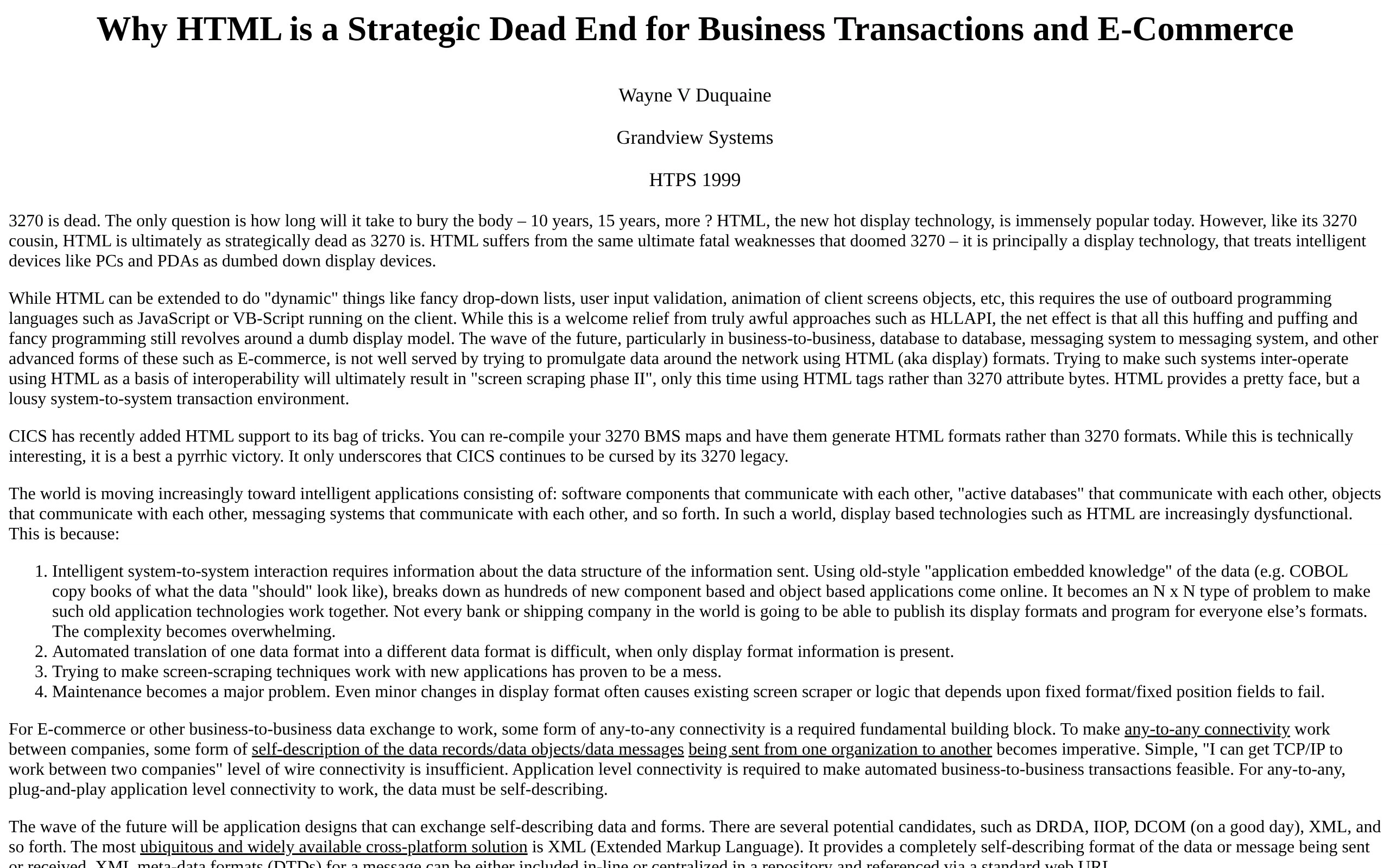 Why HTML is a Strategic Dead End for Business Transactions and E-Commerce