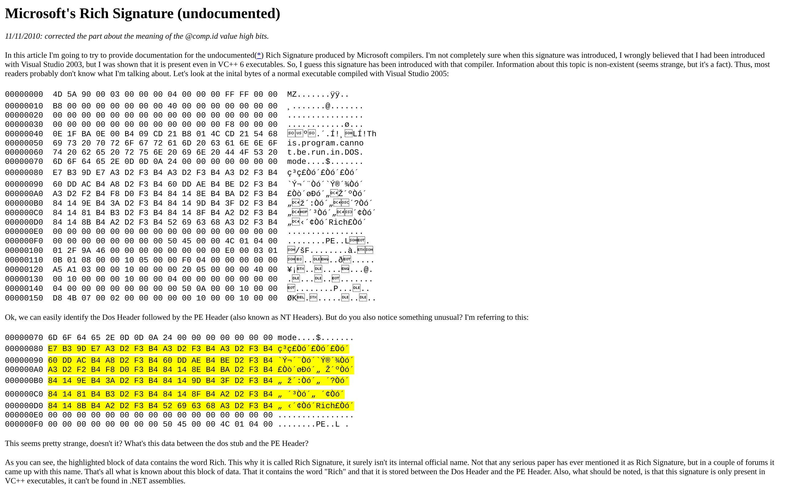 Microsoft's Rich Signature (undocumented)