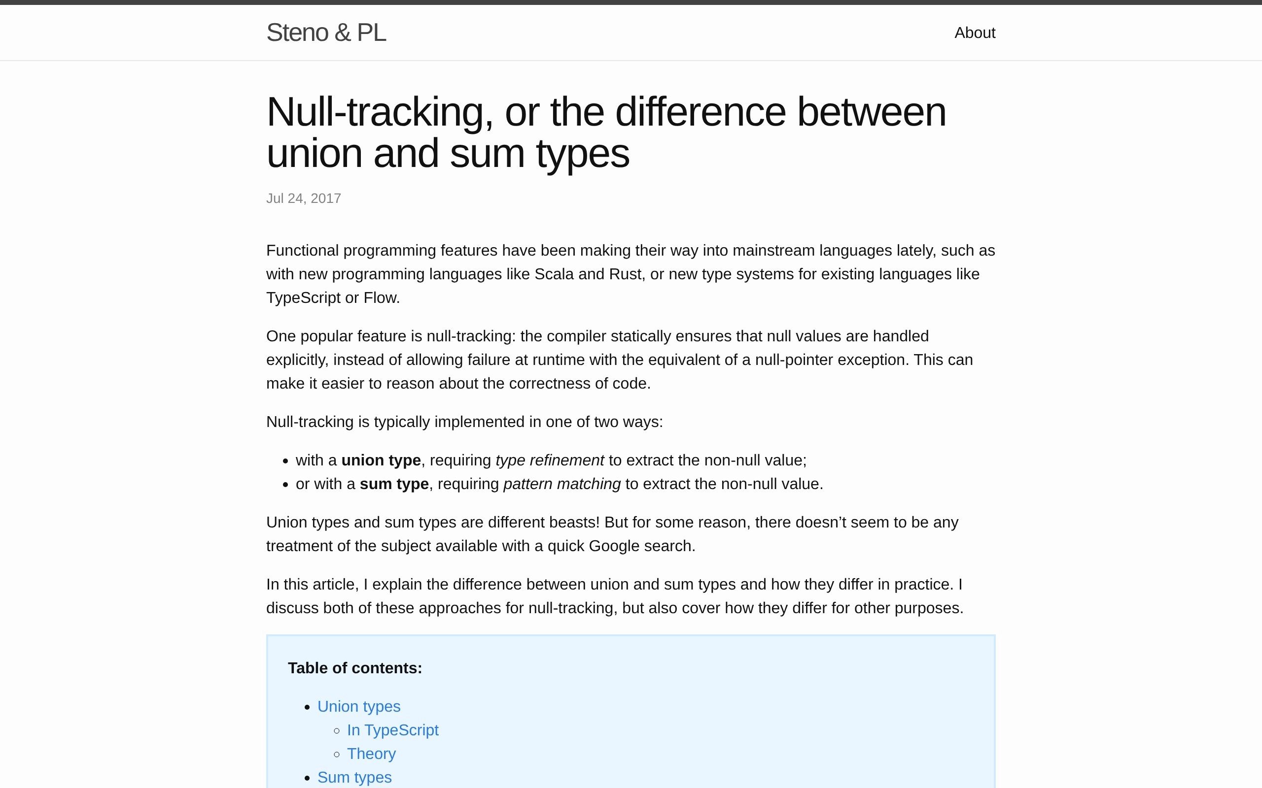 Null-tracking, or the difference between union and sum types