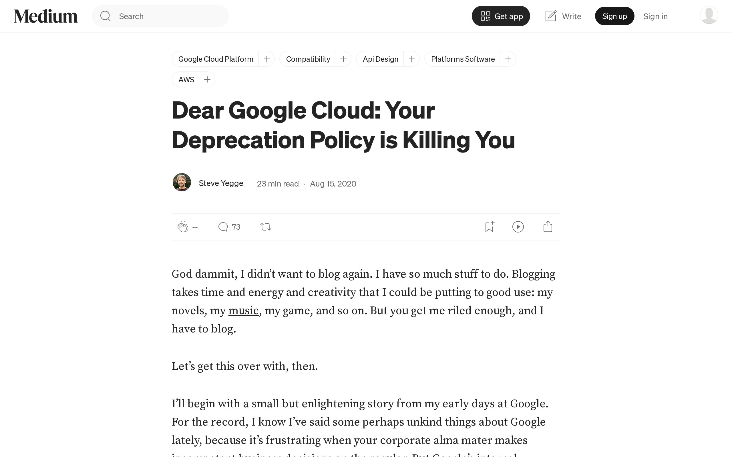 Dear Google Cloud: Your Deprecation Policy is Killing You | by Steve Yegge