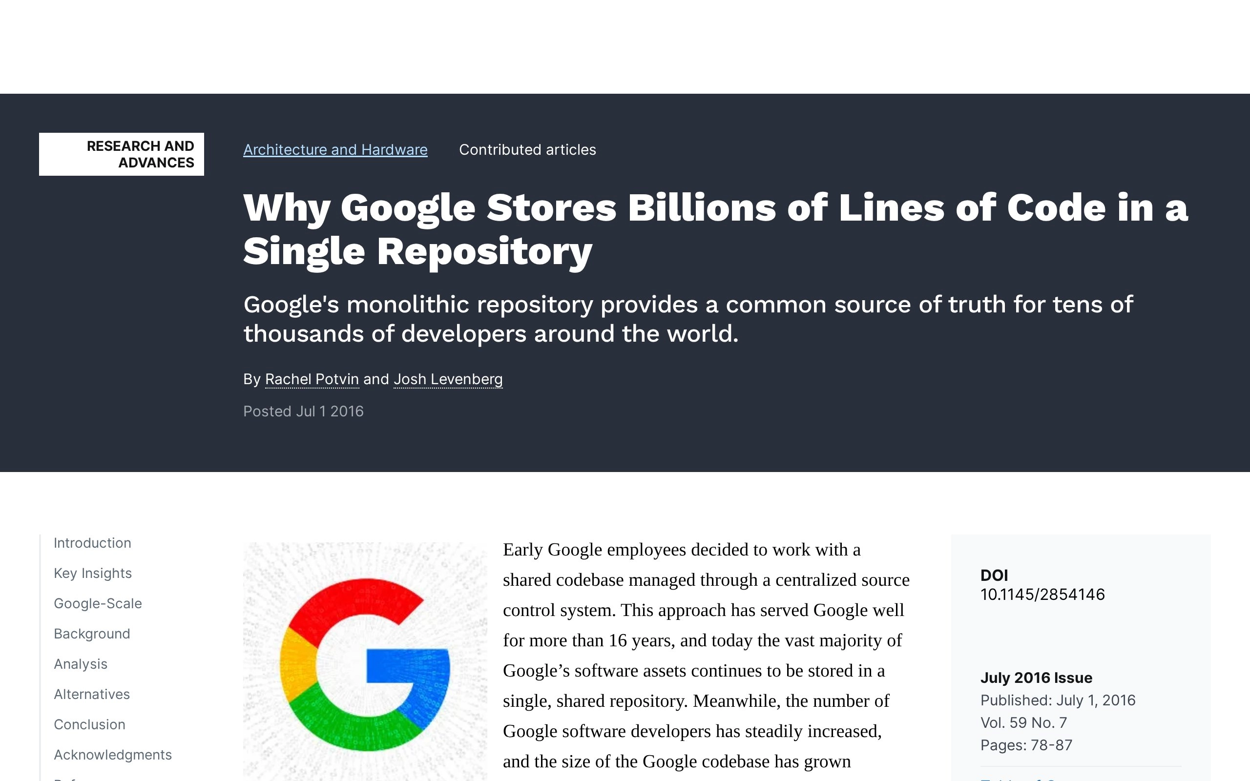 Why Google Stores Billions of Lines of Code in a Single Repository | July 2