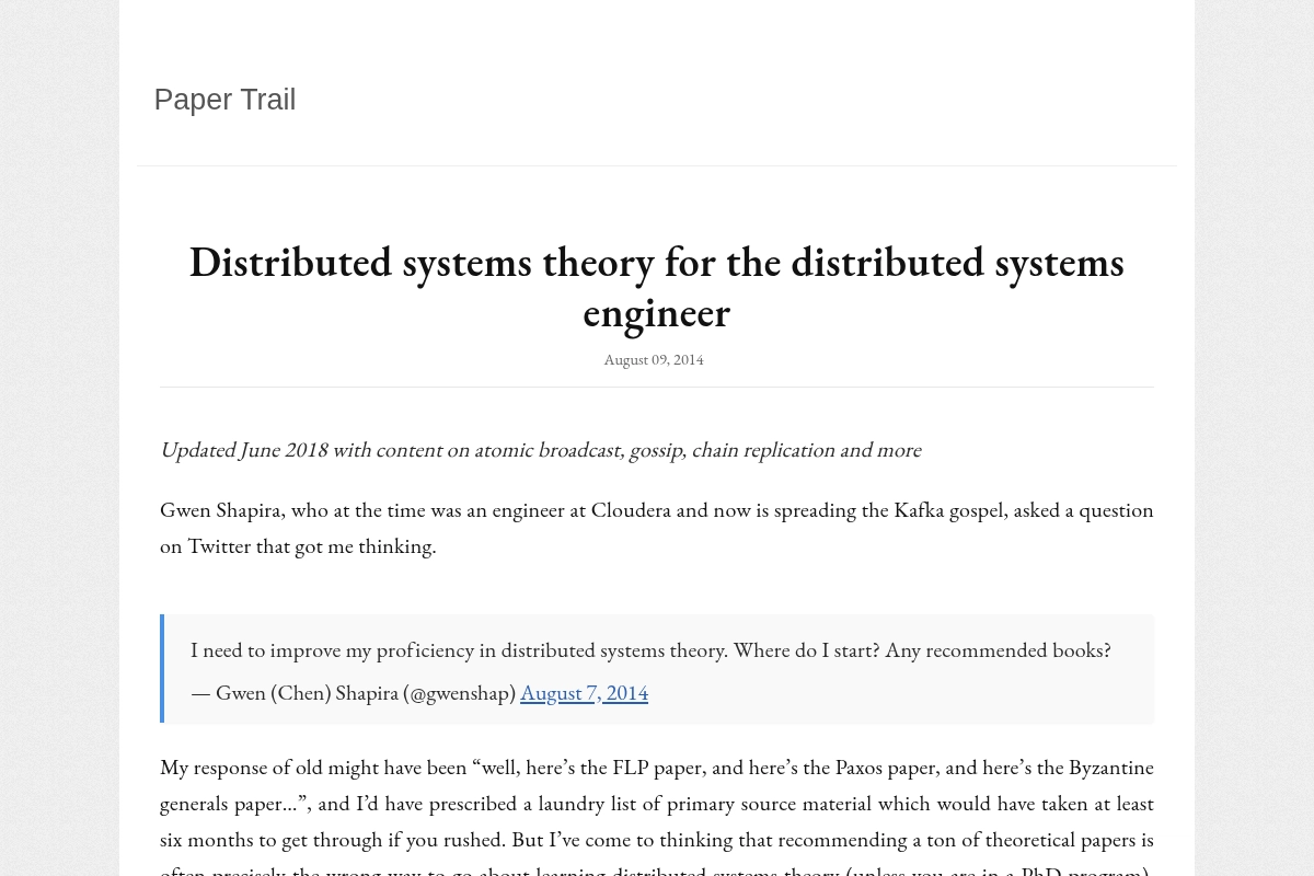 Distributed systems theory for the distributed systems engineer | Paper Trail